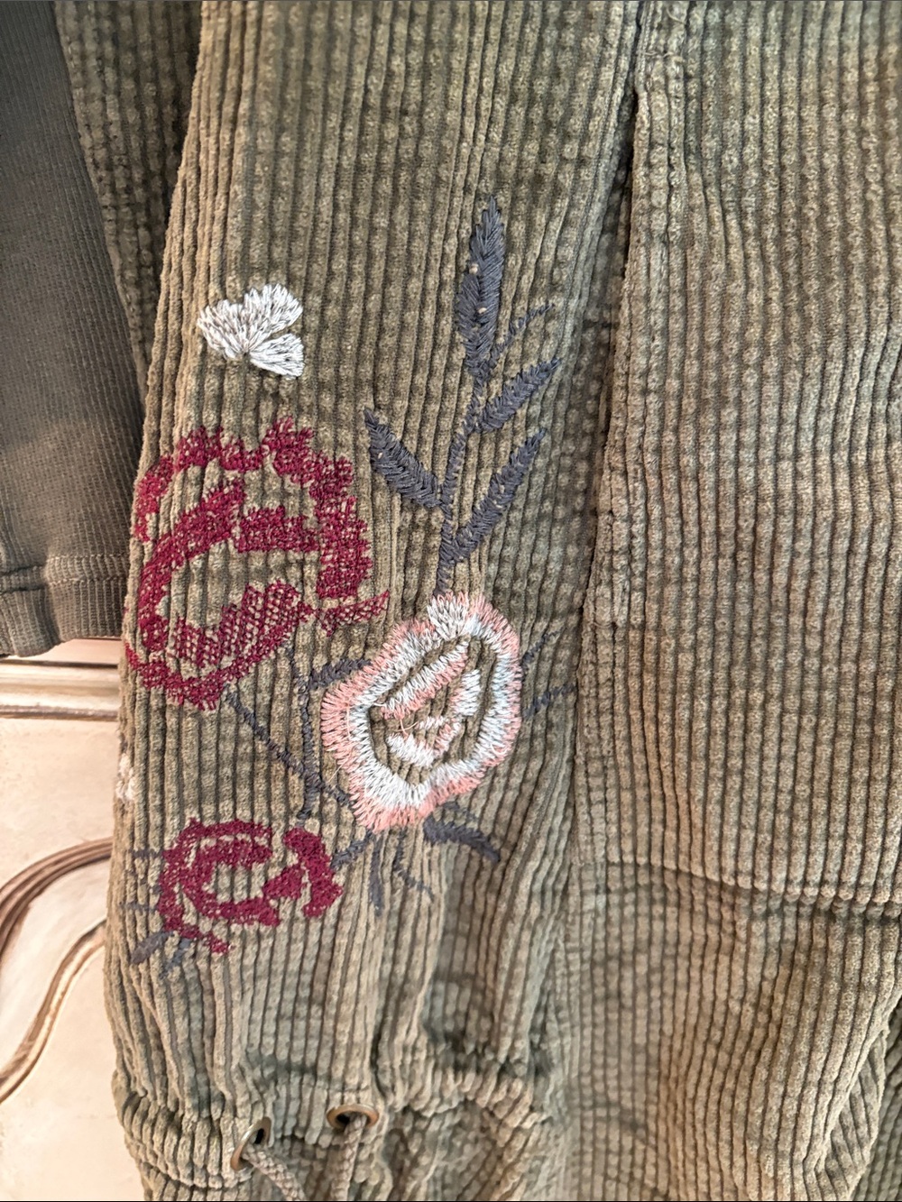 XCVI Olive Green Corduroy Zip-Front Jacket-Dress with Floral Accents - Picture 6 of 14